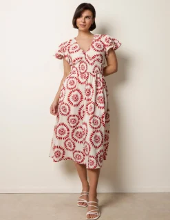 V Neck Frill Sleeve Printed Midi Dress