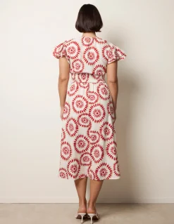 V Neck Frill Sleeve Printed Midi Dress
