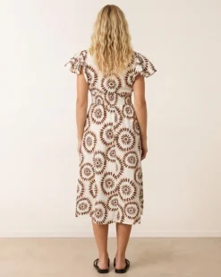 V Neck Frill Sleeve Printed Midi Dress