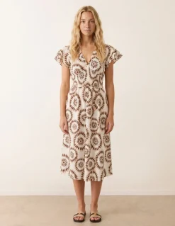 V Neck Frill Sleeve Printed Midi Dress