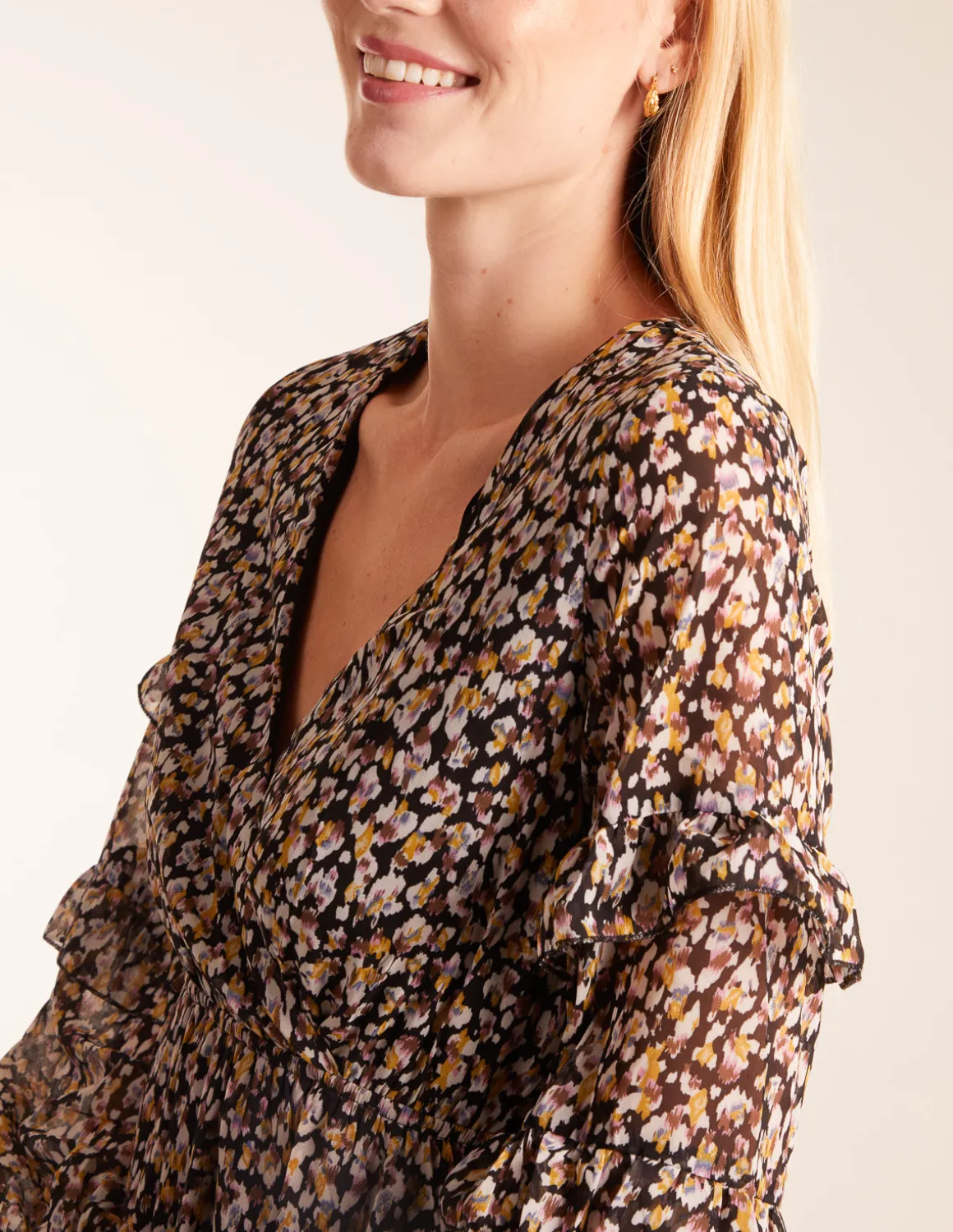V Neck Frill Sleeve Wrap Midi Dress