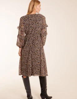 V Neck Frill Sleeve Wrap Midi Dress