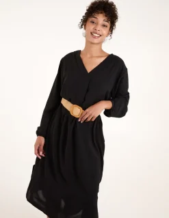 V Neck Long Sleeve Dress With Woven Belt