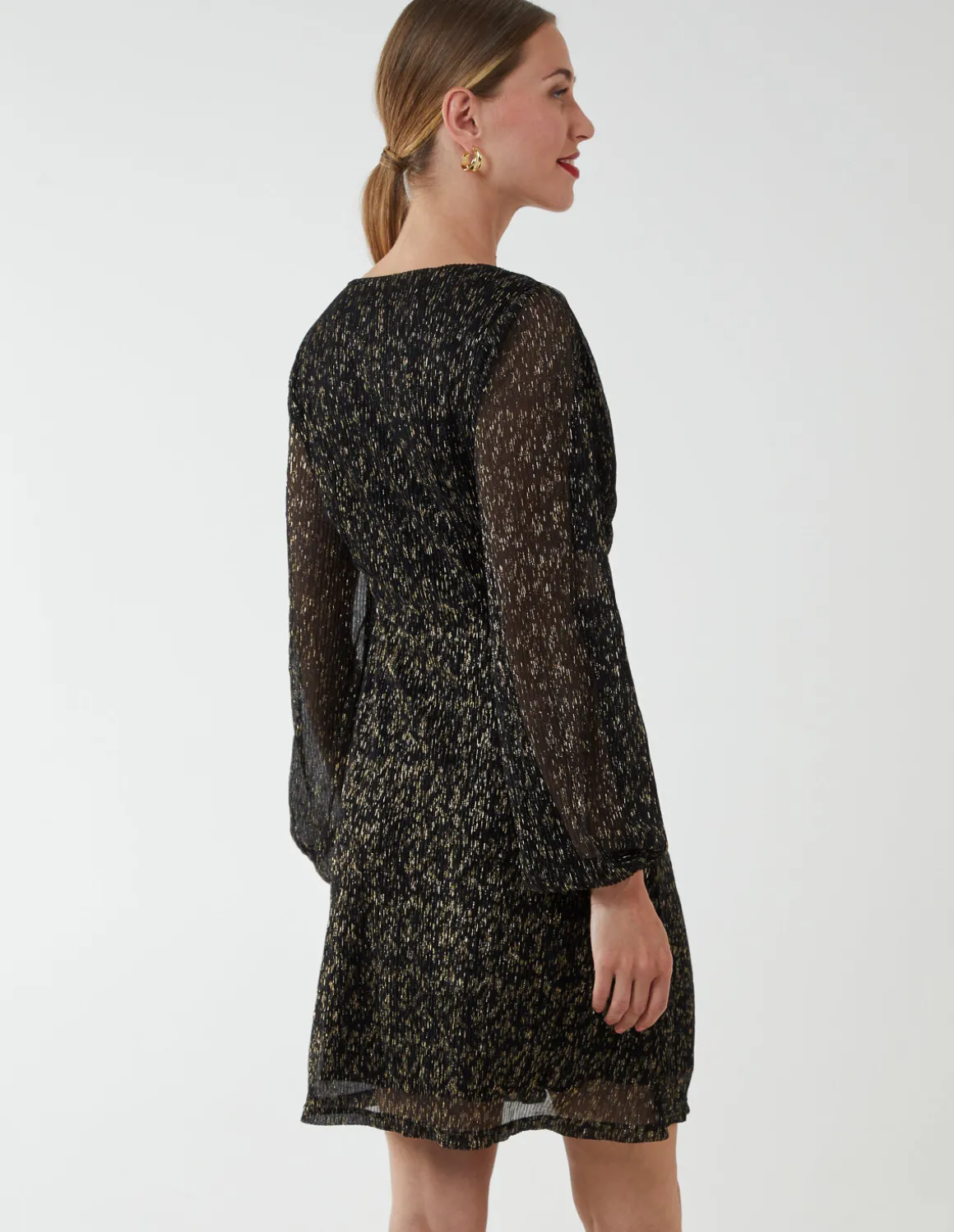 V-Neck Long Sleeve Metallic Dress