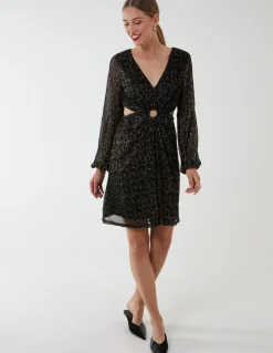 V-Neck Long Sleeve Metallic Dress