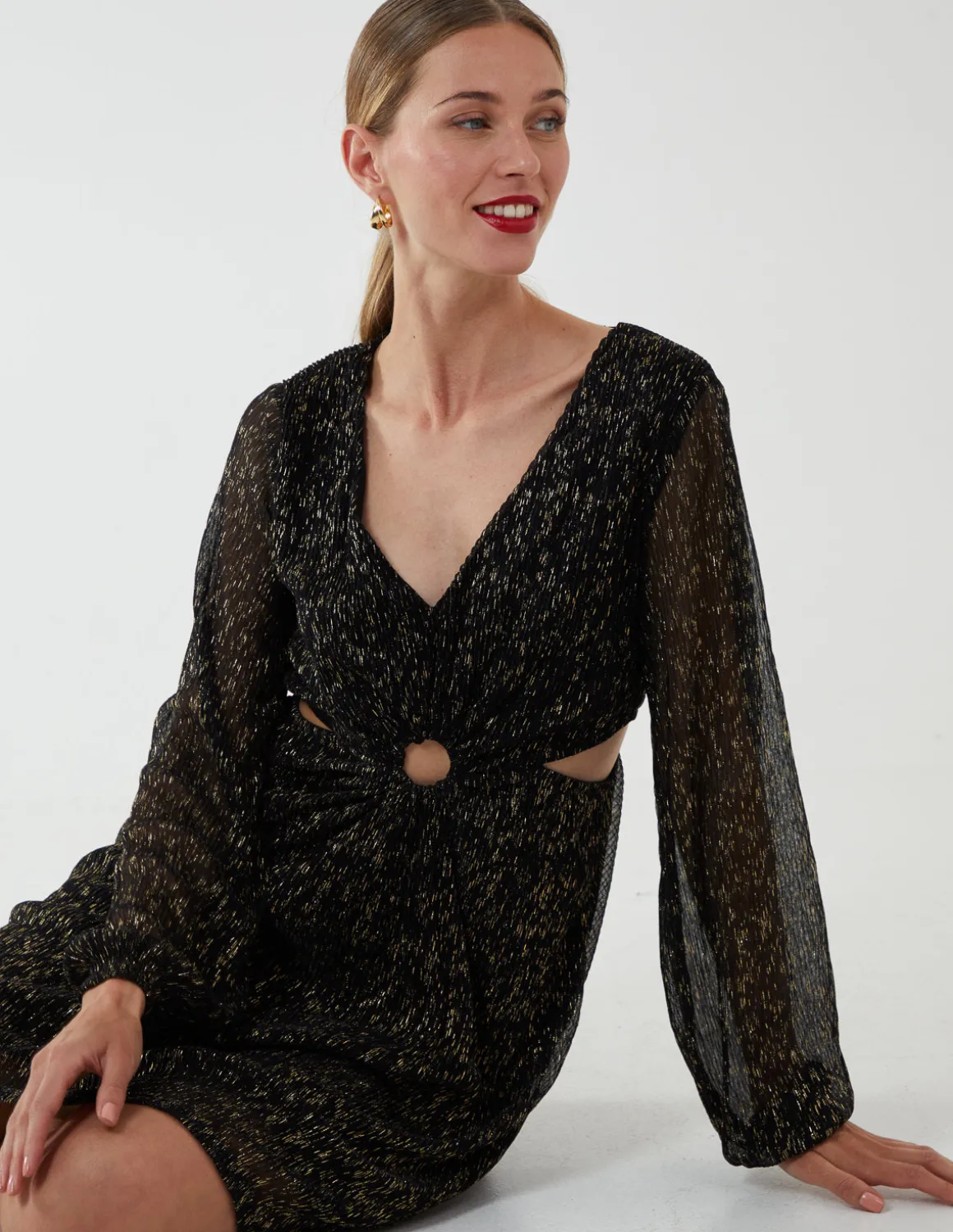 V-Neck Long Sleeve Metallic Dress