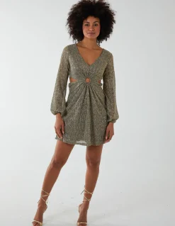 V-Neck Long Sleeve Metallic Dress