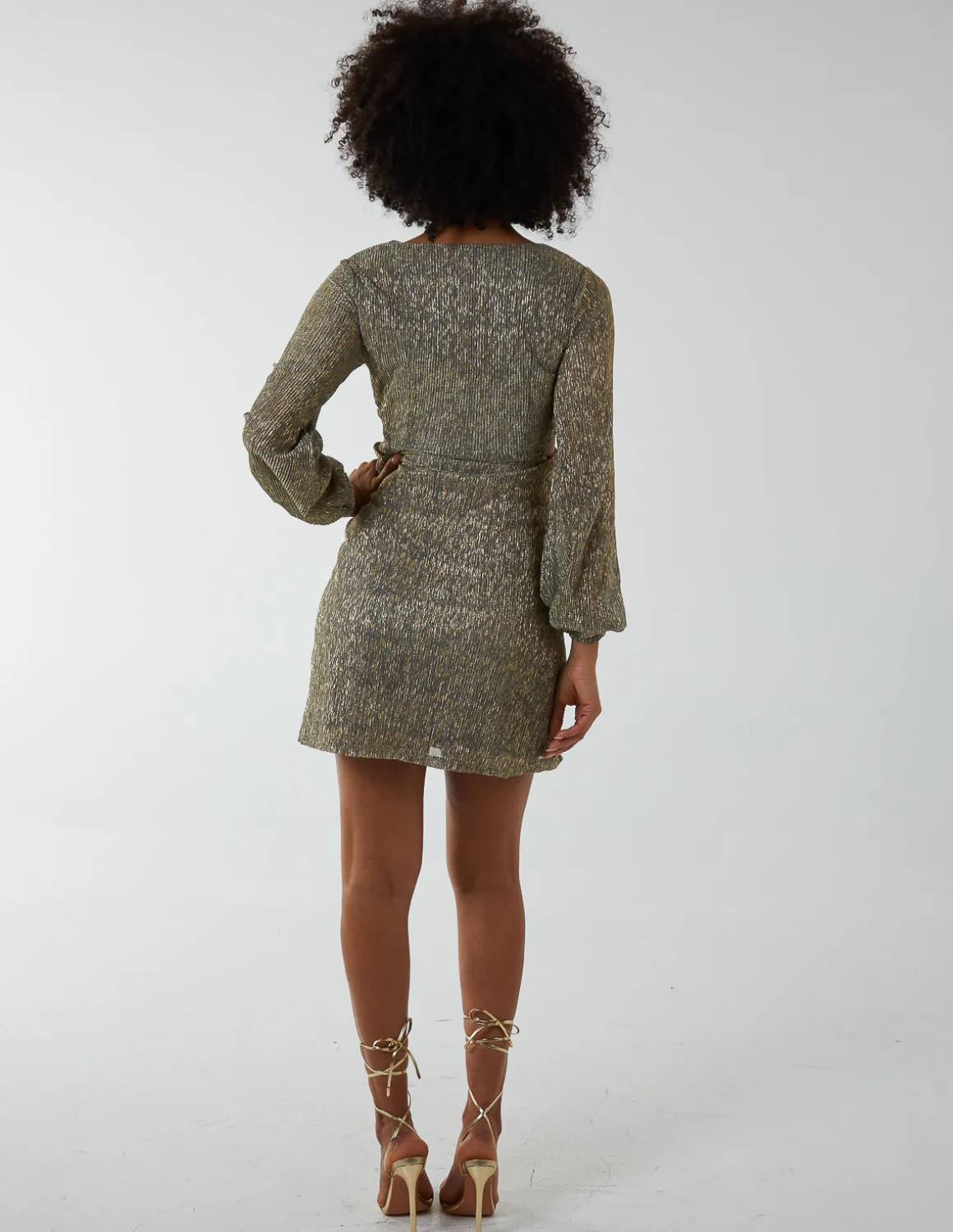 V-Neck Long Sleeve Metallic Dress