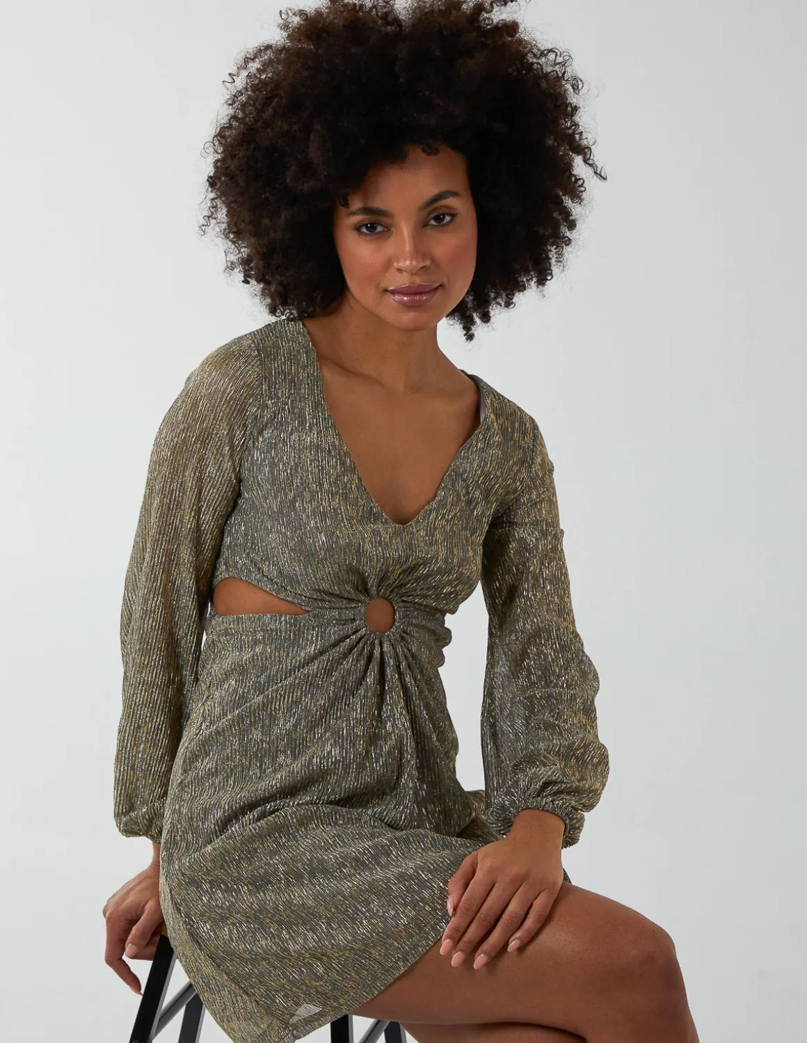 V-Neck Long Sleeve Metallic Dress