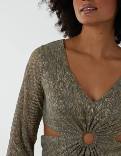 V-Neck Long Sleeve Metallic Dress
