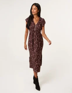 V Neck Midi Dress With Button Front
