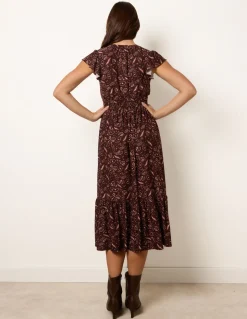 V Neck Midi Dress With Shirred Waist Button Front