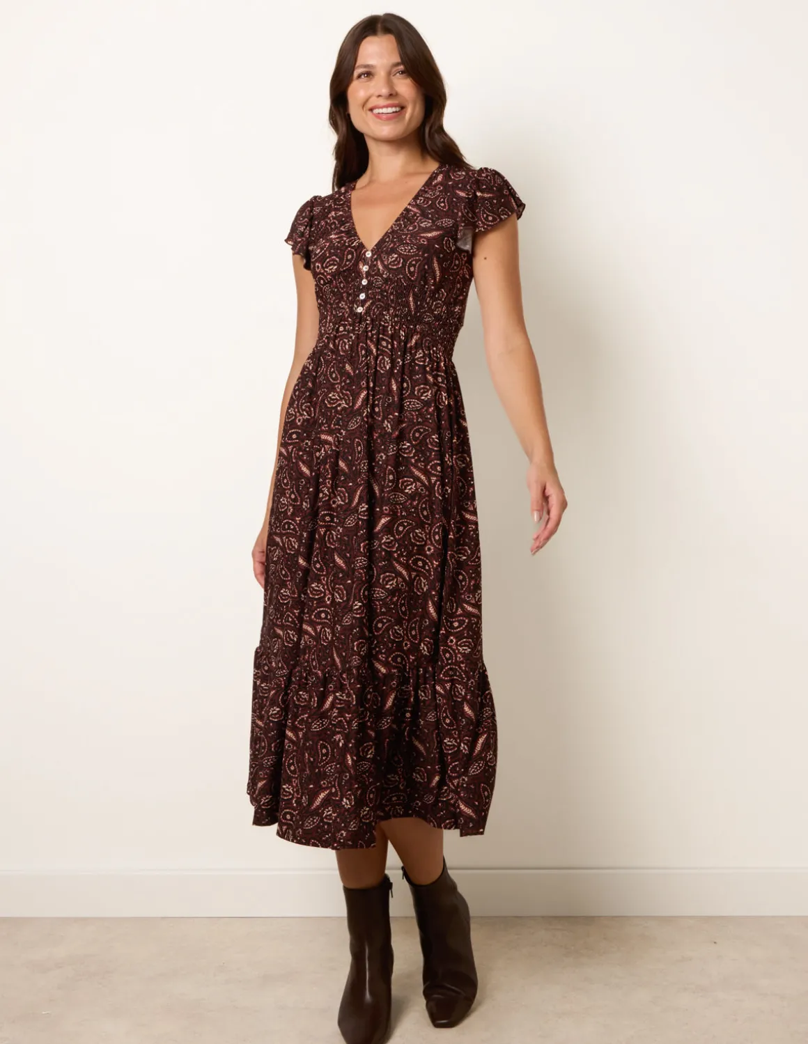 V Neck Midi Dress With Shirred Waist Button Front