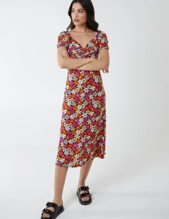 V Neck Ruched Midi Dress
