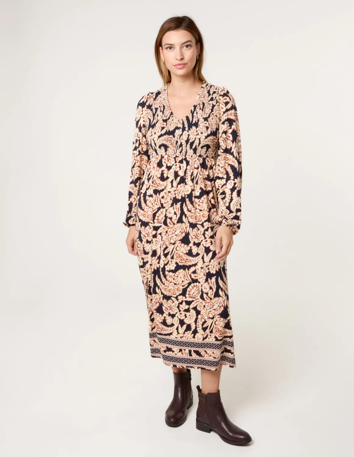 V Neck Shirred Border Print Midi Dress