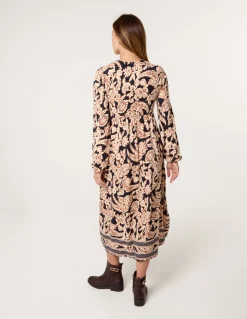 V Neck Shirred Border Print Midi Dress