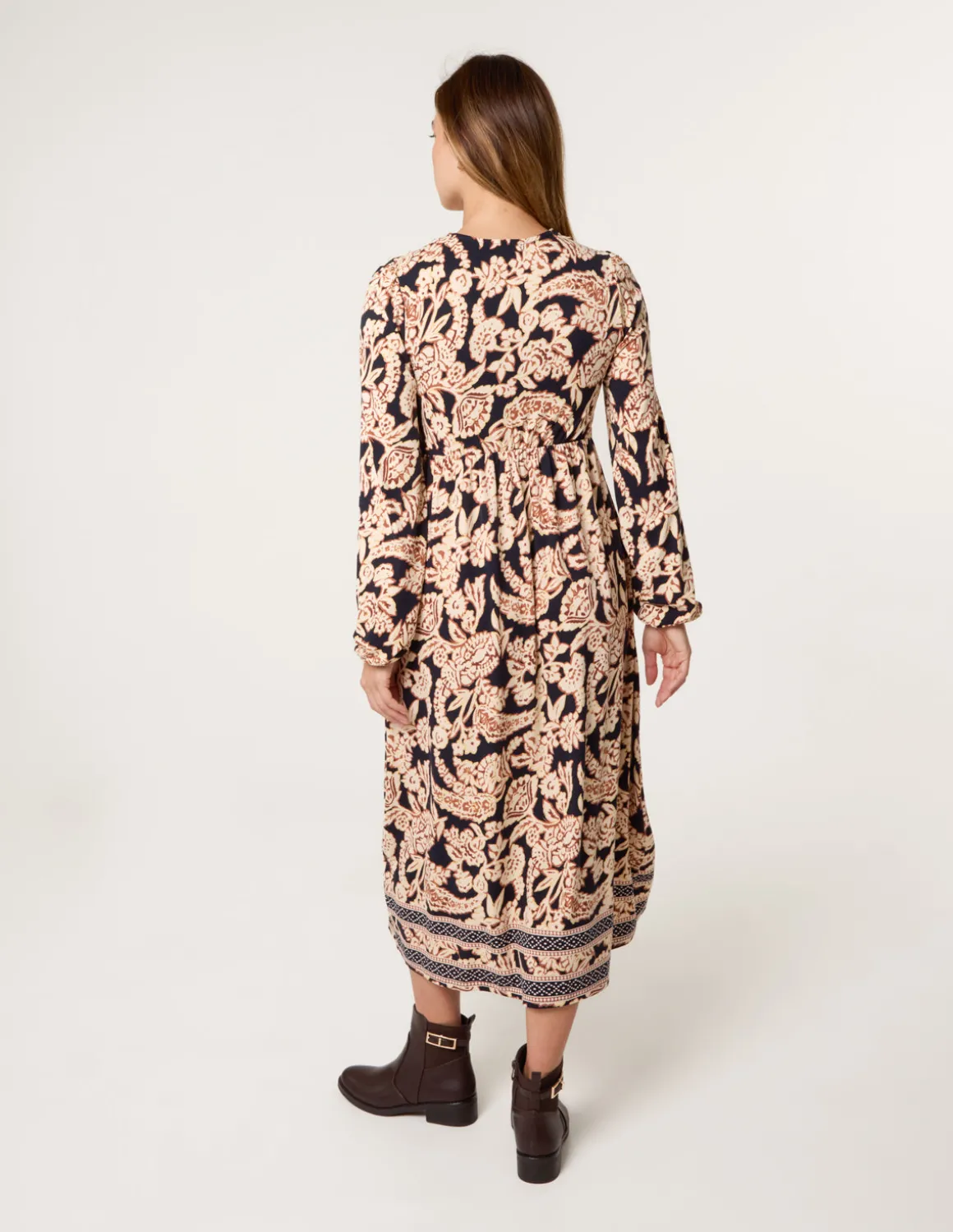 V Neck Shirred Border Print Midi Dress