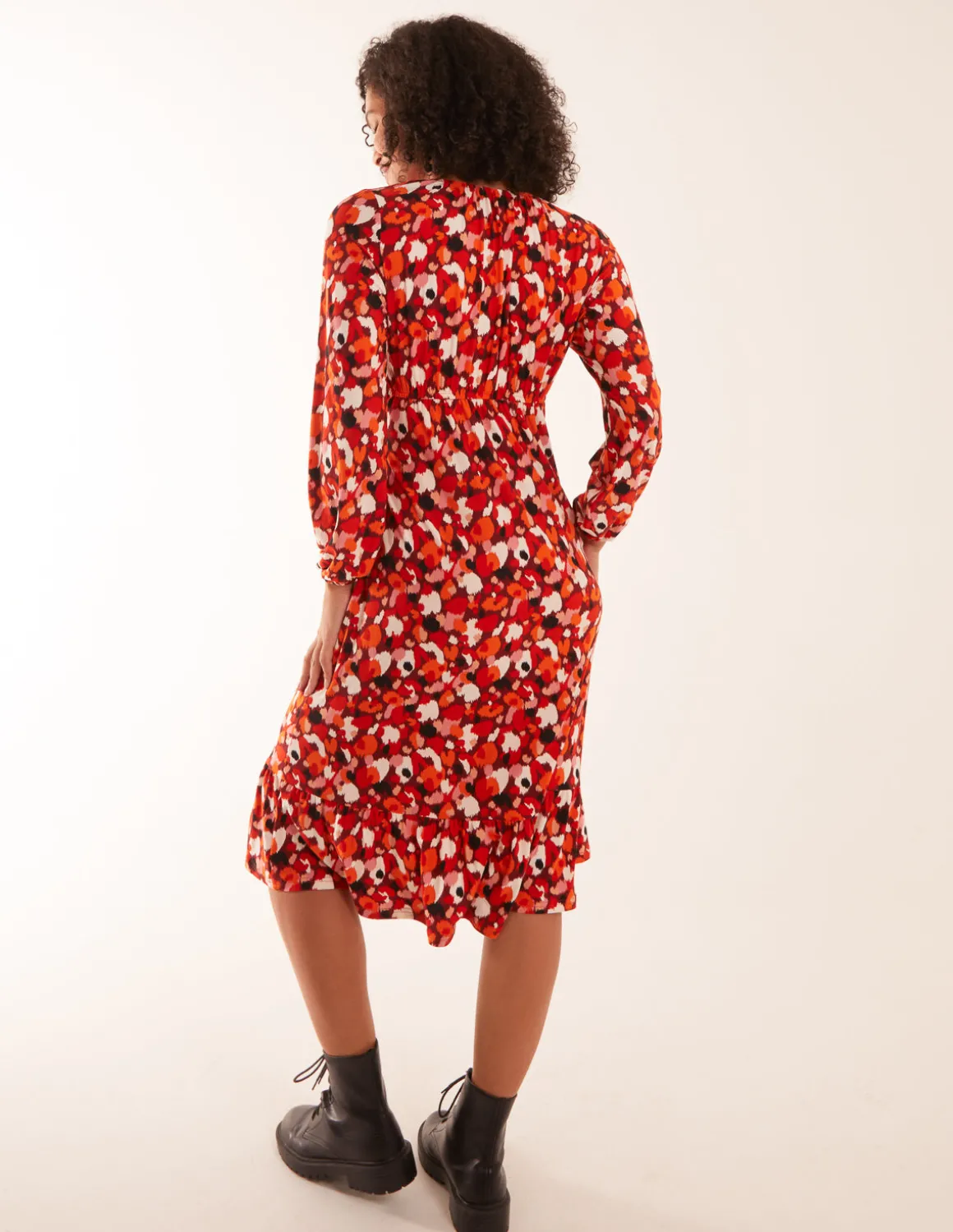 V Neck Shirred Waist Midi Dress