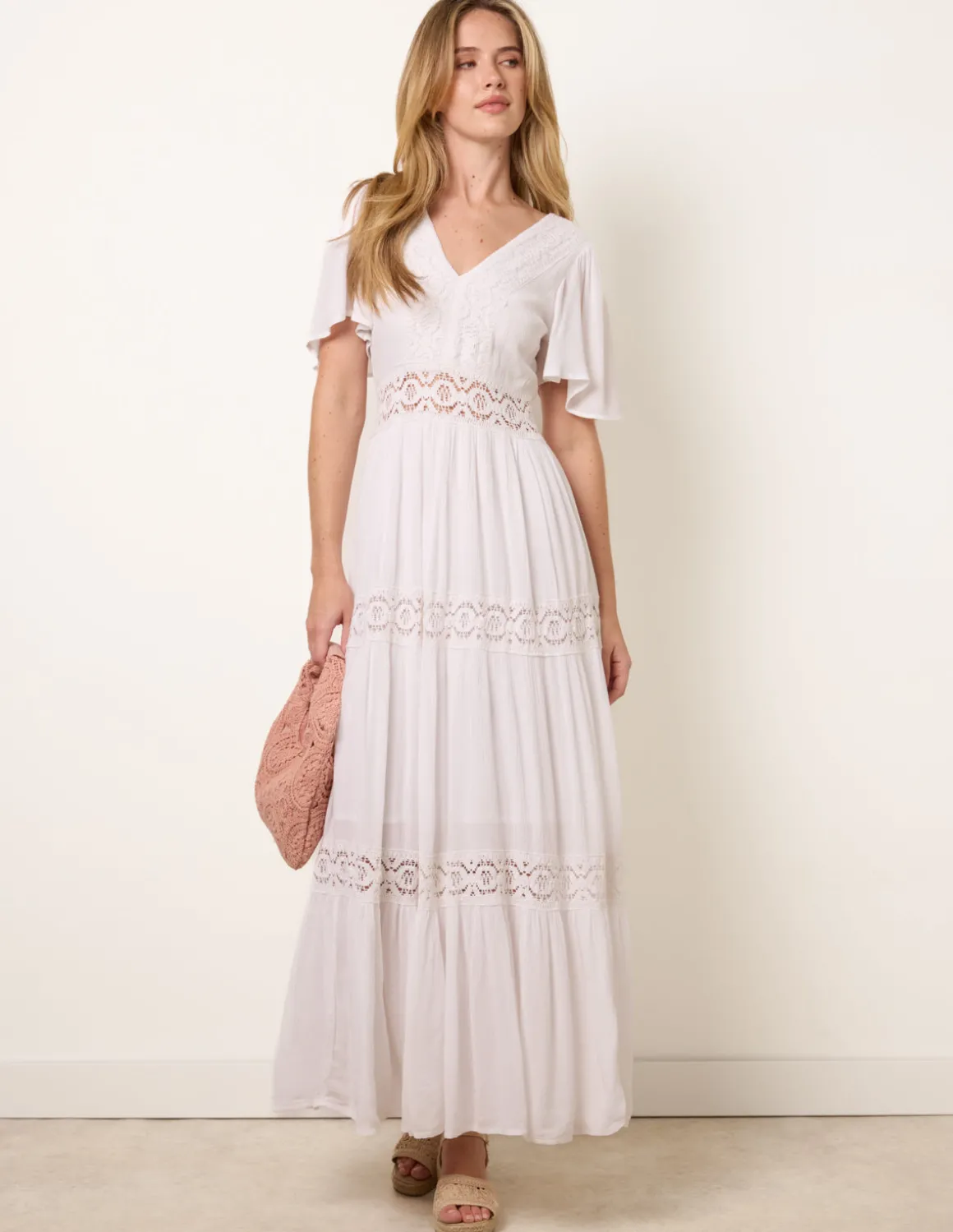 V-Neck Tiered Crochet Detail Maxi Dress