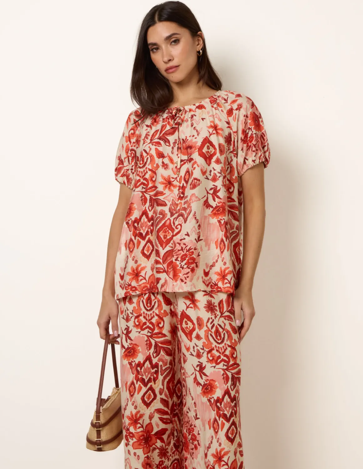 Watercolour Floral Print Elasticated Sleeve Top