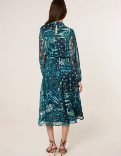 Watercolour Paisley Puffball High Neck Midi Dress