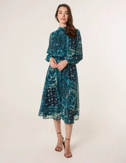 Watercolour Paisley Puffball High Neck Midi Dress