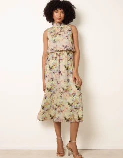 Watercolour Printed Sleeveless Midi Dress