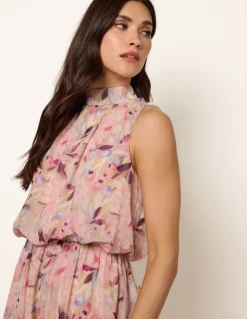 Watercolour Printed Sleeveless Midi Dress