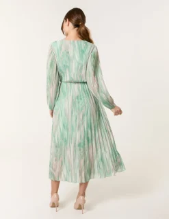 Watercolour Printed Wrap Pleated Midi Dress