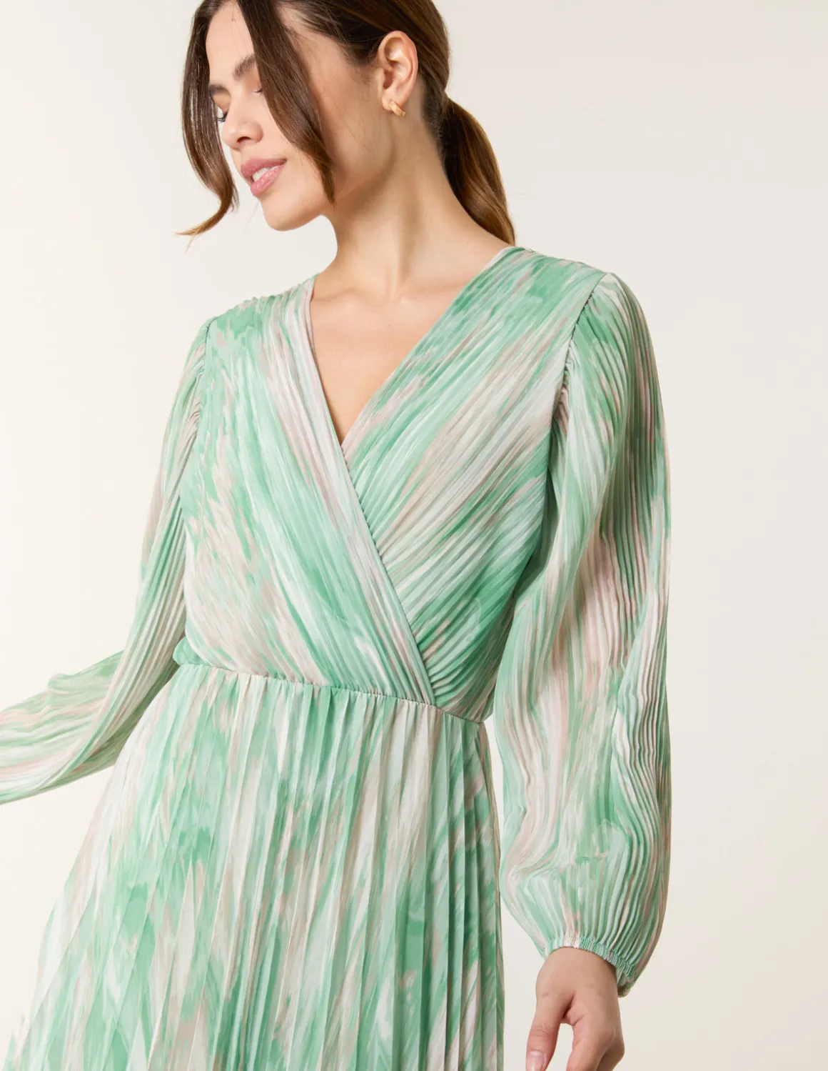 Watercolour Printed Wrap Pleated Midi Dress