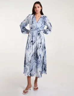 Watercolour Wrap Front Belted Midi Dress