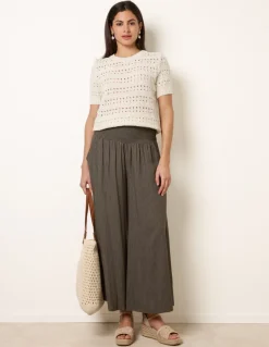 Wide Leg Shirred Waist Wavy Trousers