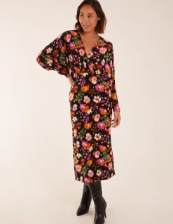 Wrap Batwing Floral Midi Dress With Side Split