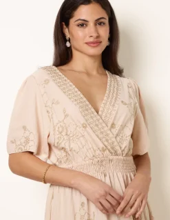 Wrap Front Metallic Embroidery Floral Dress