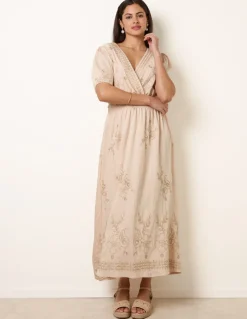 Wrap Front Metallic Embroidery Floral Dress