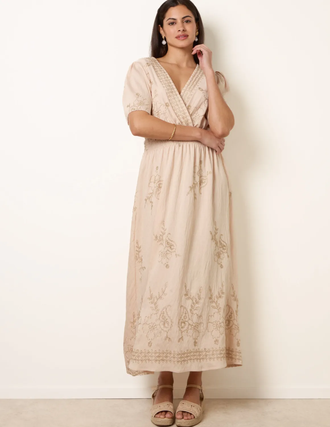 Wrap Front Metallic Embroidery Floral Dress