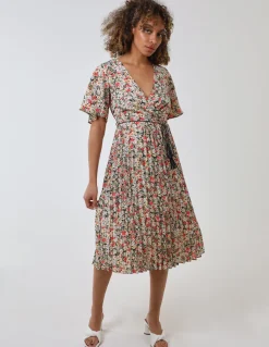 Wrap Front Pleated Hem Dress With Angel Sleeves