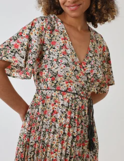 Wrap Front Pleated Hem Dress With Angel Sleeves