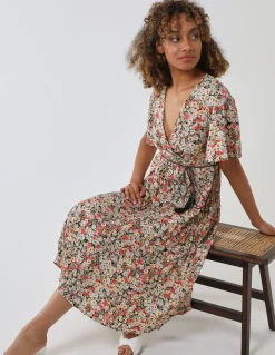 Wrap Front Pleated Hem Dress With Angel Sleeves