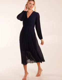 Wrap Front Pleated Midi Dress
