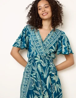 Wrap Over Angel Sleeve Shirred Maxi Dress