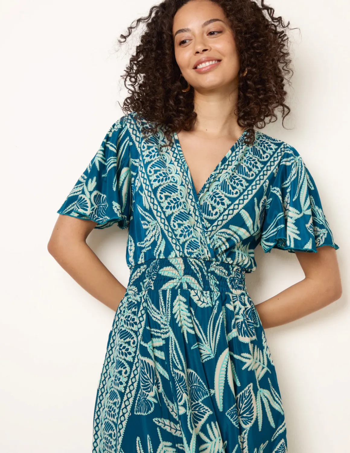Wrap Over Angel Sleeve Shirred Maxi Dress