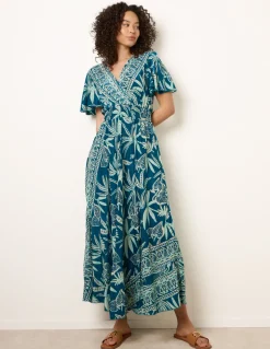 Wrap Over Angel Sleeve Shirred Maxi Dress