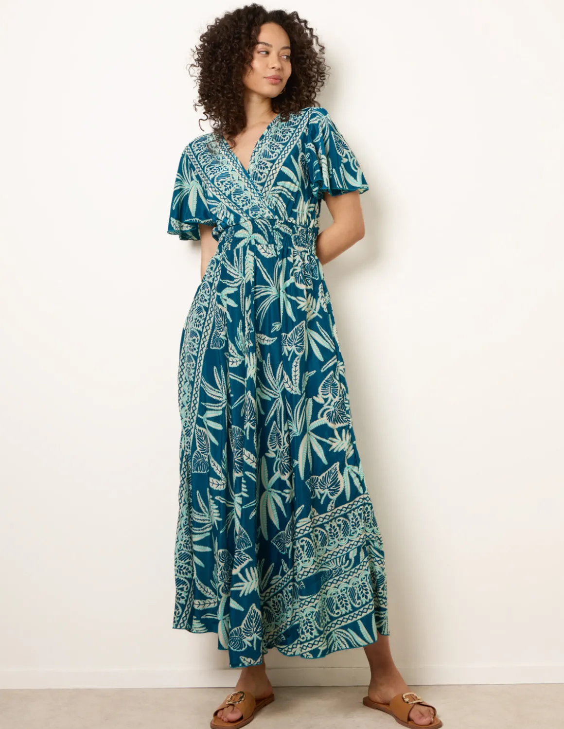 Wrap Over Angel Sleeve Shirred Maxi Dress