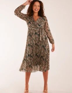 Wrap Over Metallic Vertical Print Dress