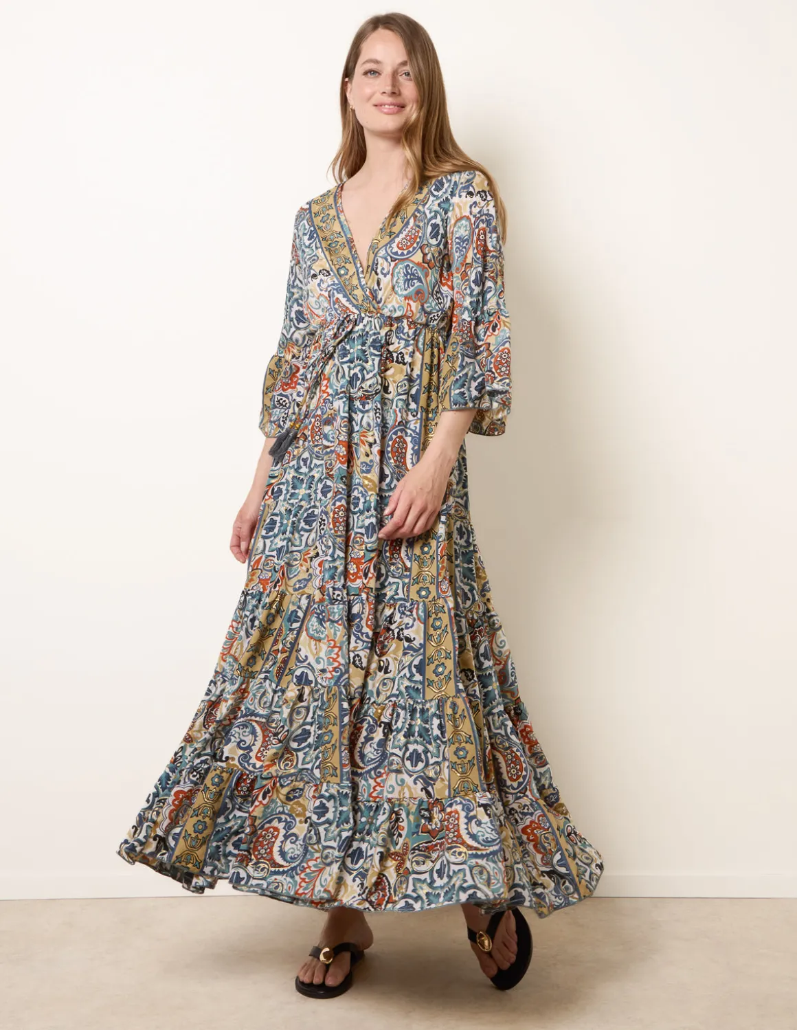 Wrap Over Tiered Art Silk Dress