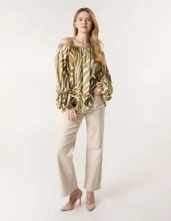 Zebra Satin Ruched Bardot Top