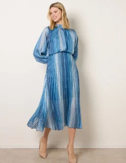 Zig Zag Metallic High Neck Puffball Pleated Dress