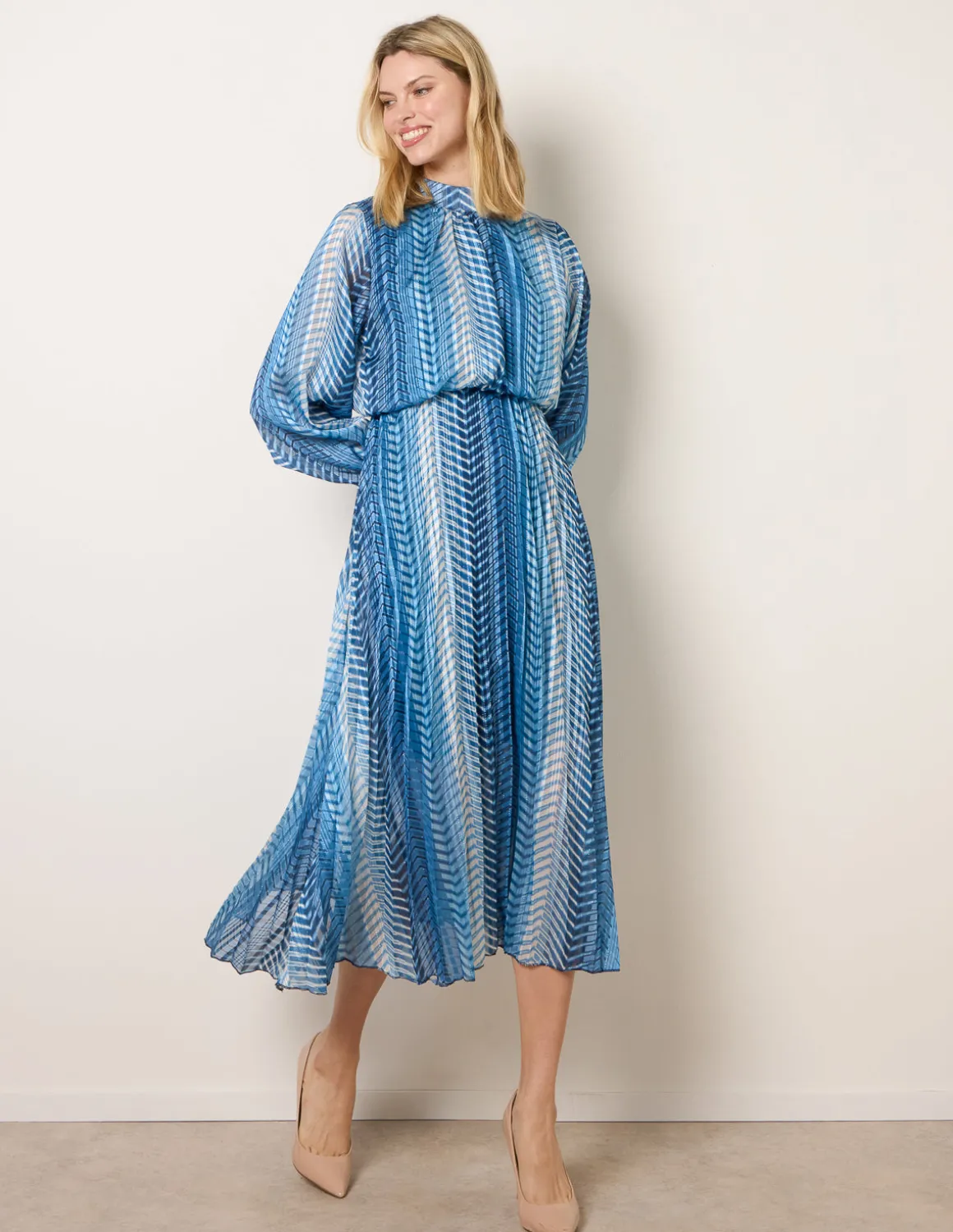 Zig Zag Metallic High Neck Puffball Pleated Dress