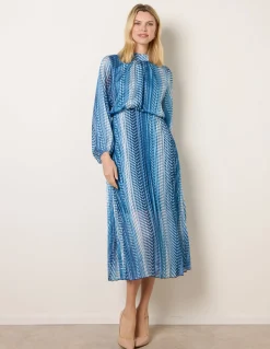 Zig Zag Metallic High Neck Puffball Pleated Dress